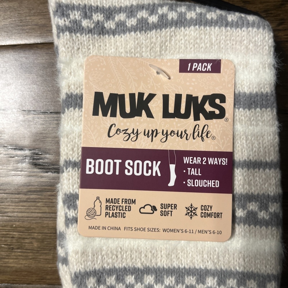 MUK LUKS Taupe Gray Crew Boot Socks Shoe Size Women's 6-11 Men's 6-10 NWT - Picture 4 of 4